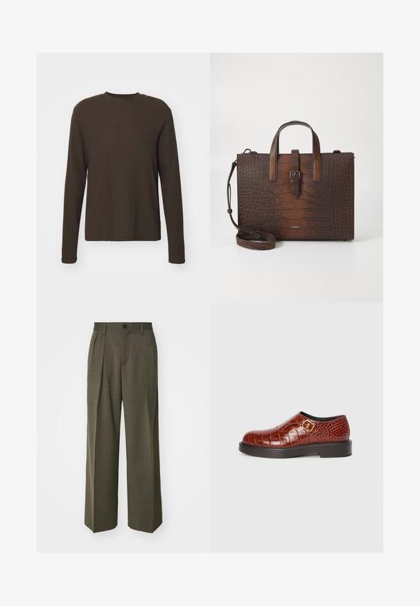Long-sleeve crew neck shirt in dark brown. Made from a smooth, stretchy fabric with a straight cut and minimal seams. No patterns or accents.; Filippa K WIDE TROUSERS - Trousers - driftwood; Brown leather shoes with a crocodile texture, featuring a square gold buckle, a smooth rounded toe, and a thick black sole.; Brown crocodile-embossed leather handbag with top handles and a detachable shoulder strap. Features a buckle closure and rectangular shape.