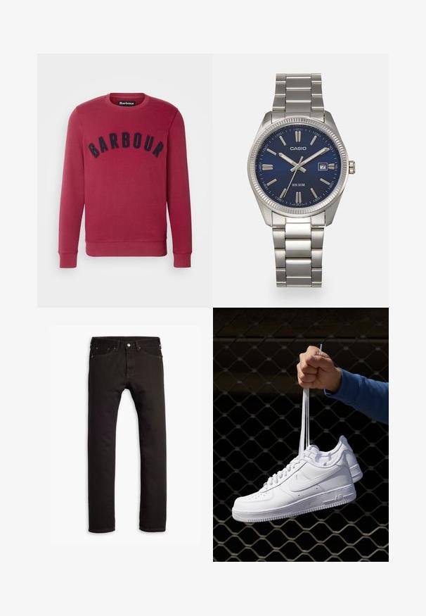 Barbour PREP LOGO CREW NECK - Mikina - highland red; Černé slim-fit džíny s pěti kapsami a zapínáním na knoflík, vystavené v rovině na bílém pozadí.; Bílé kožené tenisky s perforacemi, kulatou špičkou, plochou podrážkou a silnými tkaničkami, které mají viditelné logo swoosh a nápis "AIR" na patě.; Stříbrný nerezový náramkový hodinky s navy modrým ciferníkem, kovovými hodinovými značkami a oknem pro datum na hodině 3. Vodotěsné do 50 metrů.