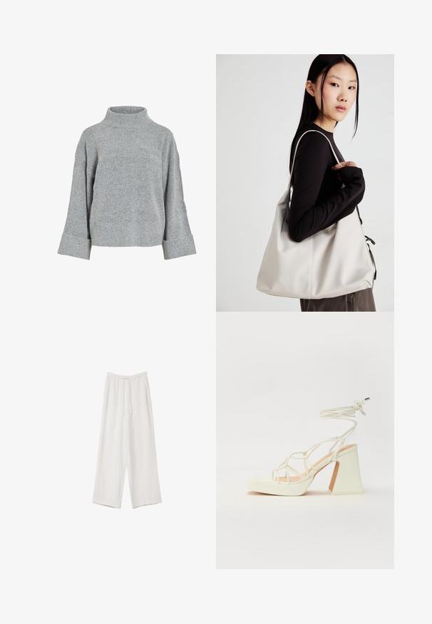 Sivi pleteni pulover s visokim ovratnikom, širokim rukavima i teksturiranim materijalom. Ima ležeran kroj i rebraste akcentne detalje na manžetama i rubu.; Bijele hlače širokih nogavica napravljene od lagane tkanine. Imaju elastičan pojas s ušicom i bočne džepove. Glatka tekstura.; Bijela sandala na visokoj potpetici s debelim petom, s remenom i vezanjem oko gležnja. Glatka tekstura s platformom sprijeda za dodatnu visinu.; Bežna torba od mekog materijala s opuštenim dizajnom, šivanim detaljima i dva remena za rame. Pogodna za svakodnevnu upotrebu.