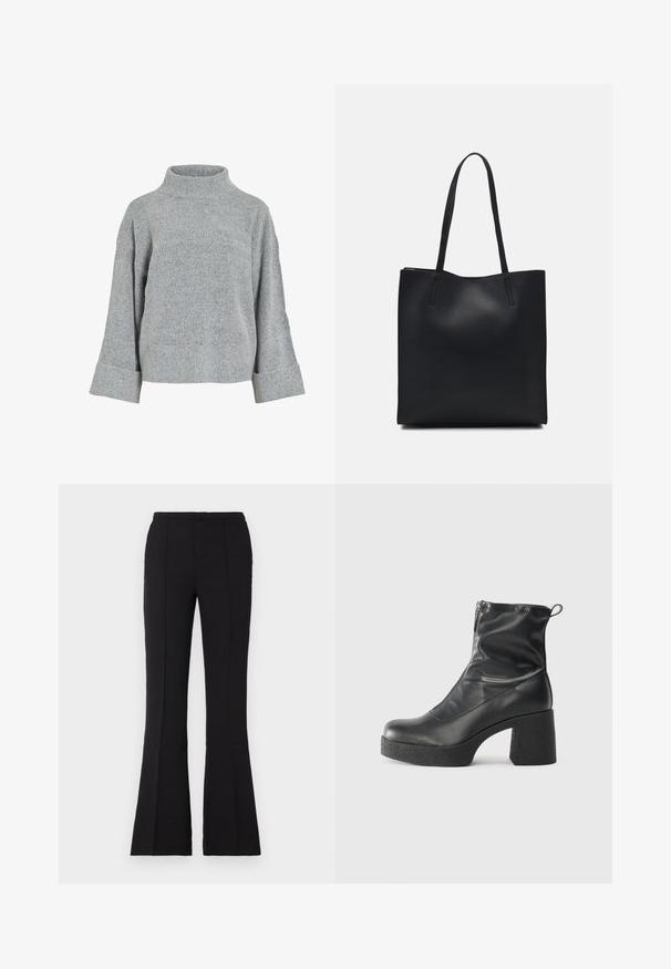 Gray knitted sweater with a high collar, wide sleeves, and textured fabric. Features a casual fit and ribbed accents at the cuffs and hem.; Black flared pants made of smooth fabric, featuring a fitted waist, front seam details, and a slight flare starting from the knee.; Black ankle boots made of smooth leather, featuring a side zipper, chunky textured heel, and rounded toe design.; Black leather tote bag with smooth texture, rectangular shape, and two long handles. No visible hardware or embellishments.