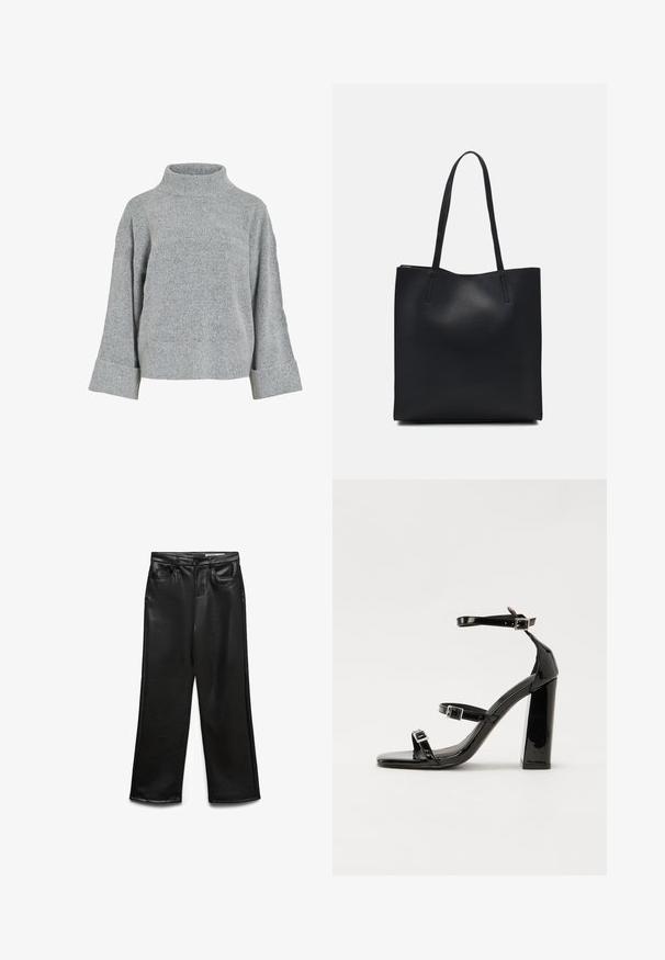 Pulover din lână gri, tricotat, cu guler înalt, mâneci largi și țesătură texturată. Prezintă o croială lejeră și accente ciufulite la manșete și la tiv.; Pantaloni evazați din piele ecologică neagră, cu buzunare frontale, bucle pentru curea și luciu subtil. Textură netedă și croială ajustată.; Sandale cu toc din patent negru, cu vârf pătrat, curele la gleznă și catarame din argint. Dispune de un toc gros pentru stabilitate.; Geantă tote neagră din piele, cu textură netedă, formă rectangulară și două mânere lungi. Fără hardware vizibil sau ornamente.