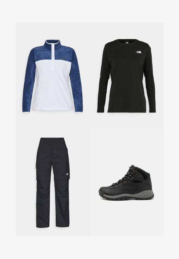 Pullover in pile, corpo bianco con maniche blu navy, colletto alto, patta con tre bottoni, logo Columbia sul petto, texture morbida.; T-shirt nera a maniche lunghe in cotone con colletto rotondo. Presenta un piccolo logo bianco sul lato sinistro del petto. Design semplice e vestibilità comoda.; Pantaloni cargo in nylon nero con zip rimovibile, polsini regolabili, molteplici tasche e un logo sulla gamba destra. Tessuto liscio e leggero.; Stivale da trekking nero con design a metà altezza, dotato di una tomaia texturizzata, accenti grigi e suola in gomma resistente con tasselli per la trazione.