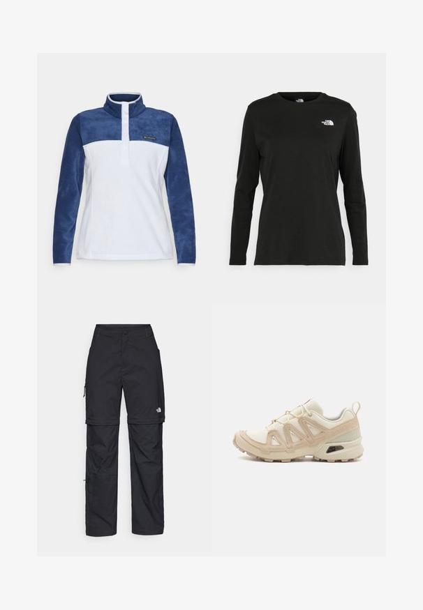 Fleece pullover, valkoinen runko, tummansiniset hihat, korkea kaulus, kolmonen napitus, Columbia-logo rinnassa, pehmeä rakenne.; Musta pitkähihaisen t-paita, joka on valmistettu puuvillasta ja jossa on pyöreä kaula-aukko. Vasemmassa rinnassa on pieni valkoinen logo. Yksinkertainen muotoilu ja istuvuus.; Mustat nailonista valmistetut irrotettavat cargo-housut säädettävillä lahkeilla, useilla taskuilla ja logolla oikeassa jalassa. Liukas, kevyt rakenne.; Beige ja kreemi värvi sportlikud jalanõud, millel on tekstiilne mesh ülemine osa, toetavad ülekatted ja kummist tald, millel on mustripattern haardeks.