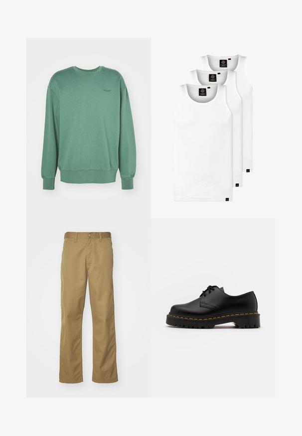 Green sweatshirt with long sleeves, round neckline, ribbed cuffs, and a small black logo on the chest. Soft, textured cotton material.; Three white ribbed tank tops made of cotton. Features a crew neck and small black labels near the hem. Available in multiple sizes.; Khaki chinos with a straight leg design, made of smooth cotton fabric. Features a front button closure and side pockets.; Black leather lace-up shoe with a rounded toe, textured rubber sole, and yellow stitching around the base. Flat design and smooth finish.