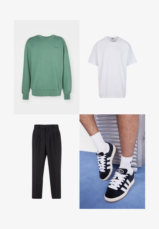 Grüner Sweatshirt mit langen Ärmeln, rundem Halsausschnitt, gerippten Bündchen und kleinem schwarzem Logo auf der Brust. Weiches, strukturiertes Baumwollmaterial.; Weiße Baumwoll-T-Shirt mit kurzen Ärmeln, rundem Ausschnitt, lockerer Passform und ohne sichtbare Logos oder Muster. Glatte Textur und minimalistisches Design.; Schwarze Hose mit plissiertem Vorderdesign, aus glattem Stoff gefertigt. Mit Knopfverschluss und Gürtelschlaufen; gerade Passform.; Schwarze Wildledersneaker mit weißen Schnürsenkeln und drei weißen Streifen. Verfügt über ein kreisförmiges schwarzes Logo auf der Zunge und eine Gummisohle.