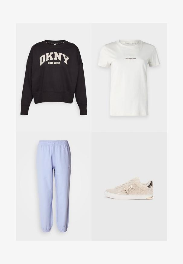 DKNY VARSITY PUFF LOGO SLEEVE - Sweatshirt - black/oat; Hvit bomulls t-skjorte med korte ermer, rund hals, med en liten, brodert "Calvin Klein Jeans"-logo i mørk brun. Enkelt design.; Lyseblå bomullssweatpants med elastisk midje, avsmalnende ankler og en liten logostikking på siden. Glatt tekstur.; Beige sneakers med en myk tekstur, med en tekstiloverdel, metalliske detaljer og en hvit gummisåle, merket med "DK" på siden.