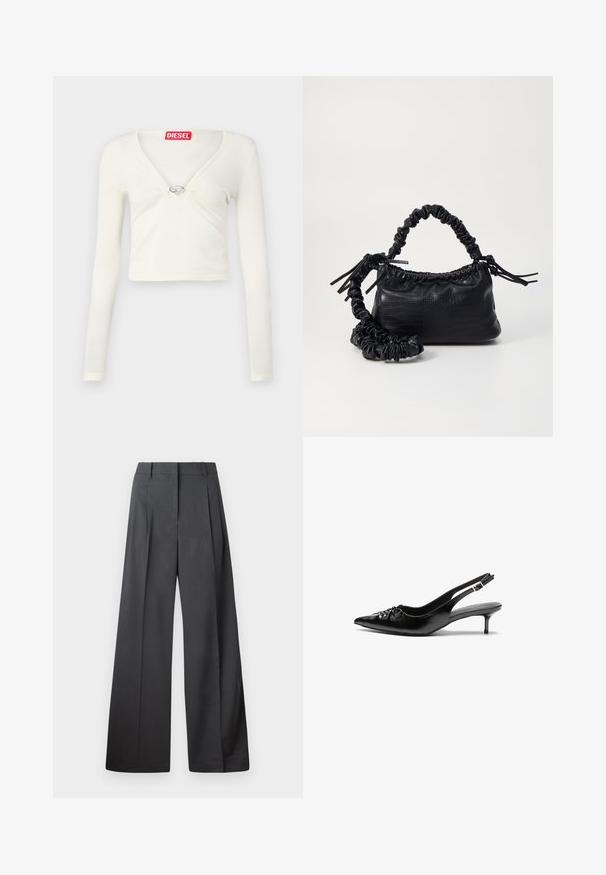 White long-sleeve crop top with a V-neck and a central metal accent. Soft texture with gathered detailing at the front. Brand label at neckline.; Wide-leg trousers in dark gray fabric, featuring a high waist, single pleats, and a smooth texture with a clean finish at the hems.; Black leather slingback heels with a pointed toe, low kitten heel, and gathered detail on the vamp. Smooth texture and minimalist design.; Black faux leather handbag with a crocodile texture, cinched top, and a scrunched strap. Appears soft and compact in design.