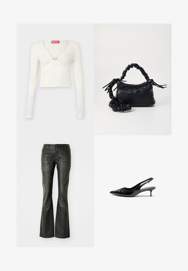 Balts garais piedurkņu crop tops ar V-veida kakla izgriezumu un centrālo metāla akcentu. Mīksta tekstūra ar savelkiem priekšpusē. Zīmola etiķete kakla izgriezumā.; Melnas mākslīgā ādas plandošas bikses ar priekšējiem kabatām, metāla pogu aizdari un nedaudz teksturētu virsmu. Taisnas kājas ar garu griezumu.; Melni ādas sandales ar norādītu pirkstu, mazu kaķa papēdi un dekoratīvu mezglu detaļu priekšā. Gluda tekstūra visā virsmā.; Melnā mākslīgās ādas rokassoma ar krokodila rakstu, savilkta augšdaļa un saburzīta siksna. Izskatās mīksta un kompakta pēc dizaina.
