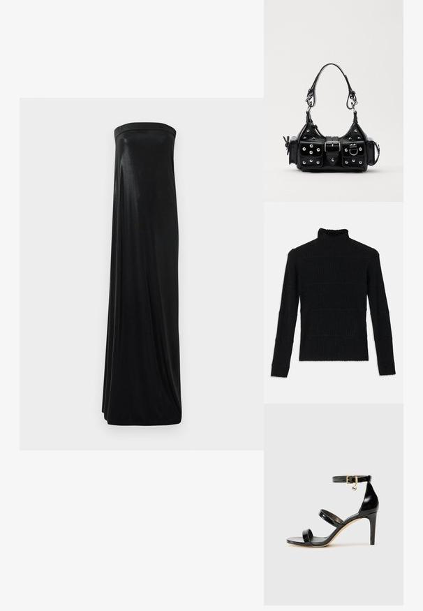 Melna ribota turtleneck džemperis ar garām piedurknēm un teksturētu apdari. Iezīmējas ar horizontālām svītrām un viļņotu apakšmalu pie piedurknēm.; Melna strapless maxi kleita, izgatavota no gludas, spīdīgas auduma. Ar pieguļošu augšdaļu un plūstošu siluetu, kas sasniedz zemi bez rotājumiem.; Melnas lakota ādas sandalēs ar trim siksnām, potītes sprādzi un 4 collu stiletto papēdi. Iespējas ar zelta detaļām un logotipa piekariņu.; Melnas ādas rokturmais ar izliekumu, ar sudraba iedurtiem, sprādzi un divām sānu kabatām. Regulējams siksniņas garums dažādām nēsāšanas iespējām.