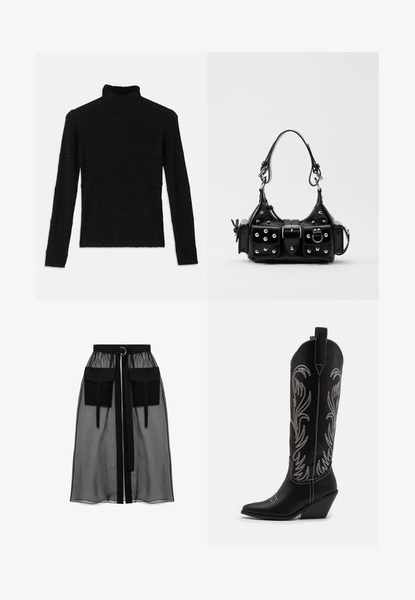 Črna rebrasta turtleneck pulover s dolgimi rokavi in teksturiranim zaključkom. Ima vodoravne črte in valovit rob pri rokavih.; Črna prozorna krila z nabranim pasom, ki ima dva velika sprednja žepa, pas za zavezovanje in okroglo kovinsko dekoracijo.; Črne usnjene kavbojske čevlje s koničastimi prsti, klinastimi petami in srebrnimi vezeninami cvetnega vzorca po vsej dolžini. Kontrastno šivanje povsod.; Črna usnjena torbica s ukrivljenim dizajnom, ki vsebuje srebrne žebljičke, zaponko in dve stranski žepki. Nastavljiv trak za različne možnosti nošenja.