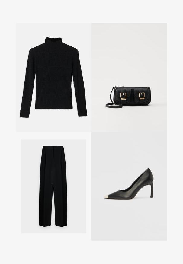 Black ribbed turtleneck sweater with long sleeves and a textured finish. Features horizontal stripes and a scalloped hem at the sleeves.; Black wide-leg trousers with a high waist, featuring pleats and a smooth texture. The fabric appears lightweight and drapes elegantly.; Black leather high heel shoe with a pointed toe and a metallic silver cap. Features a smooth finish and a slender 10 cm heel.; Black leather crossbody bag with two front pockets, gold buckles, zipper closure, and a slim strap. Textured surface and compact rectangular shape.