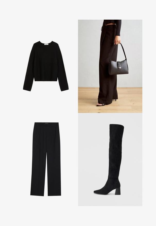 Pulover negru din tricot cu mâneci lungi, decolteu rotund și tiv scurt. Textură netedă, design minimalist, fără modele sau accente vizibile.; Pantaloni negri cu un design drept, dotati cu doua buzunare frontale si un talie. Fabricati dintr-un material usor si neted.; Cizme negre din suede, cu toc bloc, vârf ascuțit și un design neted, fără cusături, pe un fundal deschis.; Genți negre cu o formă structurată, textură netedă și un închizător metalic. Asortată cu pantaloni negri largi și sandale cu vârf deschis pe un podea din lemn.