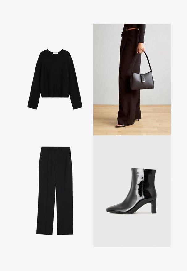 Fekete kötött pulóver hosszú ujjakkal, kerek nyakkivágással és cropped szabással. Simább textúra, minimalista dizájn, látható minták vagy díszítőelemek nélkül.; Fekete nadrág egyenes szárú kialakítással, két első zsebbel és derékrésszel. Simának és könnyű anyagból készült.; Fekete lakk bőrcipő bokáig érő, hegyes orral és közepes magasságú tömbsarokkal. Simább textúrával és minimalista dizájnnal rendelkezik.; Fekete kézi táska strukturált formával, sima textúrával és fémből készült záródással. Széles fekete nadrággal és nyitott orrú szandállal párosítva, fából készült padlón.