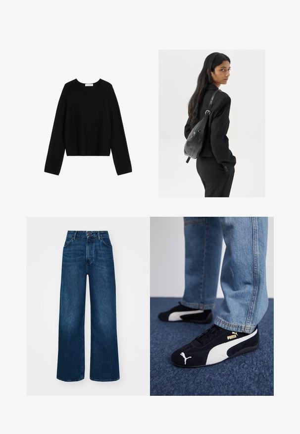 Schwarzer Strickpullover mit langen Ärmeln, rundem Halsausschnitt und cropped Saum. Glatte Textur, minimalistisches Design, keine sichtbaren Muster oder Akzente.; Hochtaillierte, weit geschnittene Jeans in dunkelblauem Denim mit glatter Textur, Kontrastnähten und einem Fünf-Taschen-Design. Verschluss mit einem Frontknopf.; Schwarze Wildledersneaker mit weißen Akzenten und einem goldenen Logo. Getragen mit hellblauen Jeans und auf einer strukturierten blauen Oberfläche platziert.; Frau mit langen dunklen Haaren, die einen schwarzen Anzug trägt und eine schwarze Lederschultertasche hält, schaut über ihre Schulter vor einem weißen Hintergrund.