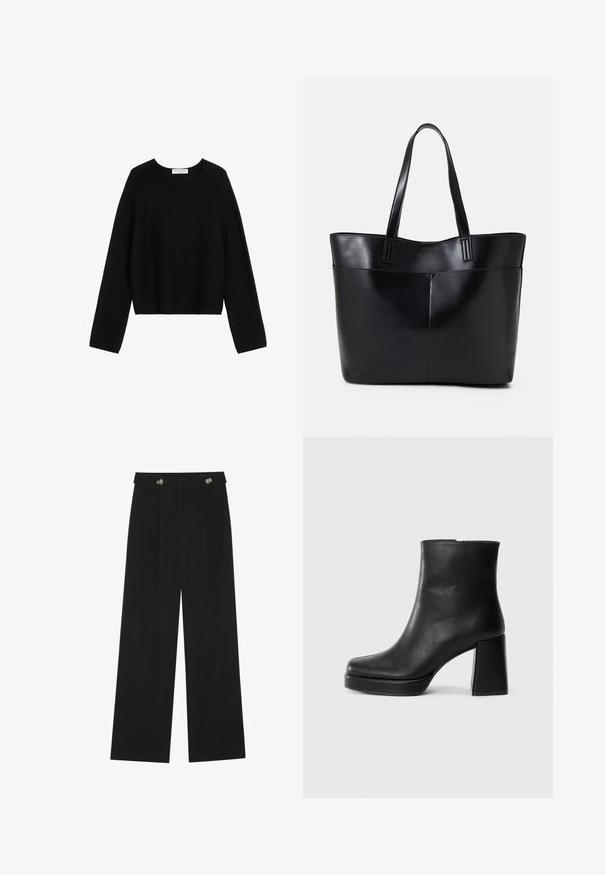 Sweater preto de malha com mangas longas, decote redondo e bainha cropped. Textura suave, design minimalista, sem padrões ou acentos visíveis.; Calças largas pretas com cintura alta, detalhes em botão na cintura e pregas frontais.; Bota de couro preta até ao tornozelo com salto bloco e sola com plataforma, vista de lado sobre um fundo branco liso.; Bolsa tote preta em couro com duas alças longas, textura suave e forma estruturada. Apresenta um bolso frontal para armazenamento adicional.