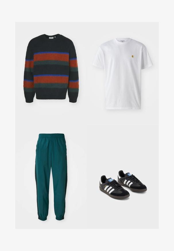 Carhartt WIP MERTON ciemnobrązowy; Biała bawełniana koszulka z krótkim rękawem, okrągłym dekoltem, z małym złotym logo na lewej części klatki piersiowej. Miękka textura i regularny krój.; Turkusowe spodnie sportowe z elastycznym paskiem, ściągaczem w pasie, elastycznymi mankietami i bocznymi czarnymi paseczkami. Wykonane z lekkiego materiału, z logo w okolicy bioder.; Czarne sneakersy z zamszową i syntetyczną cholewką, wyposażone w trzy białe paski, teksturowaną gumową podeszwę oraz niebieską metkę z logo na języku.
