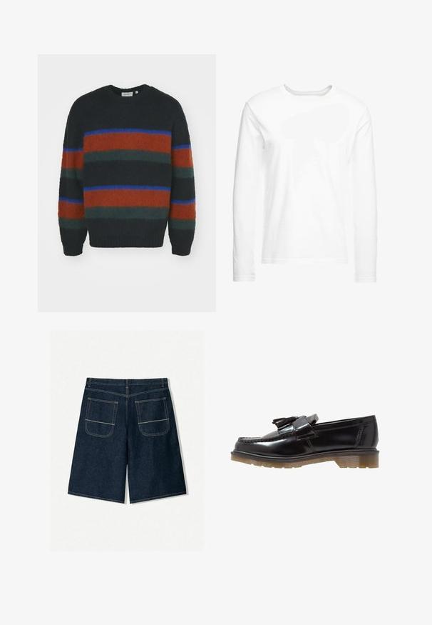 Carhartt WIP MERTON - Svetr - brown; Bílá dlouhá tričko s dlouhým rukávem vyrobené z jemné bavlny. Kulatý výstřih se rovnými lemy a bez viditelných vzorů či grafik.; Tmavě modré džíny šortky s volnějším střihem, které mají dvě zadní kapsy s kontrastním švem. Rovný střih a délka ke kolenům.; Černé lakované kožené mokasíny s pleteným vzorem, ozdobou s třásněmi a robustní, texturovanou gumovou podrážkou. Boční pohled ukazuje elegantní siluetu.