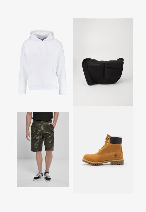 Hvit hettegenser laget av mykt stoff, med snøring på hetten, kengurulomme og ribbestrikkede mansjetter og nederkant. Enkel, uformell design.; Kamuflasje cargo shorts med cargo lommer, laget av vevd stoff i grønne og brune nyanser. Kombinert med svarte joggesko med hvite lisser.; Brune lær ankle boot med metaløyer, hvit pelsforing, svart polstret krage, robust såle og preget logo på siden.; Svart kordfløyels crossover-veske med justerbar stropp, med frontlommer og en myk tekstur. Kompakt design med minimal detaljering.