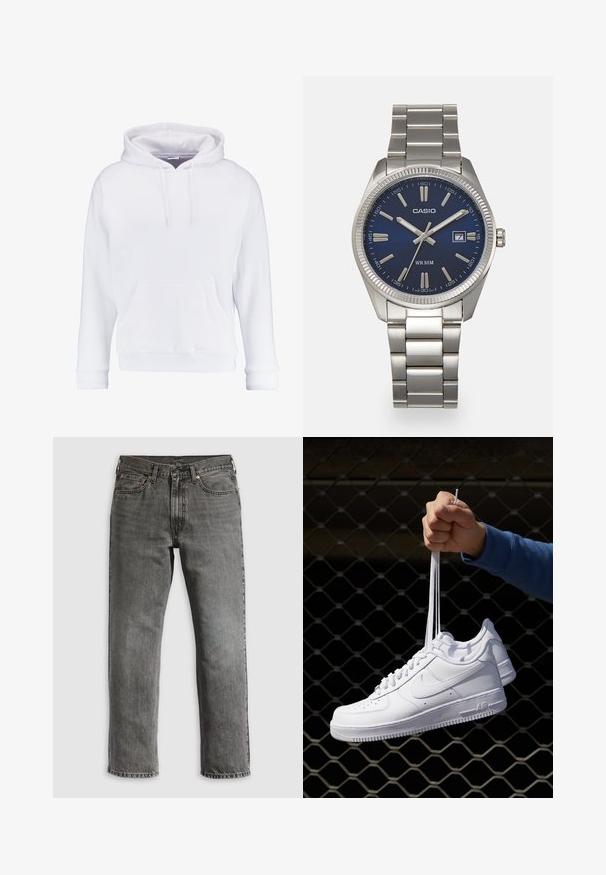 Biała bluza z kapturem, wykonana z miękkiego materiału, z regulowanym kapturem, kieszenią kangurką oraz ściągaczami przy rękawach i u dołu. Prosty, casualowy design.; Szare dżinsy z denimu o prostym kroju nogawek, wyposażone w pięć kieszeni, miedziane nitów oraz widoczne przeszycia. Klasyczny design z zamkiem błyskawicznym.; Białe skórzane sneakersy z perforacjami, okrągłym noskiem, płaską podeszwą i grubymi sznurówkami, z widocznym logo swoosh i napisem „AIR” na pięcie.; Srebrny zegarek na stalowej bransolecie z niebieską tarczą, metalowymi indeksami godzinowymi oraz okienkiem daty na godzinie 3. Wodoodporny do 50 metrów.