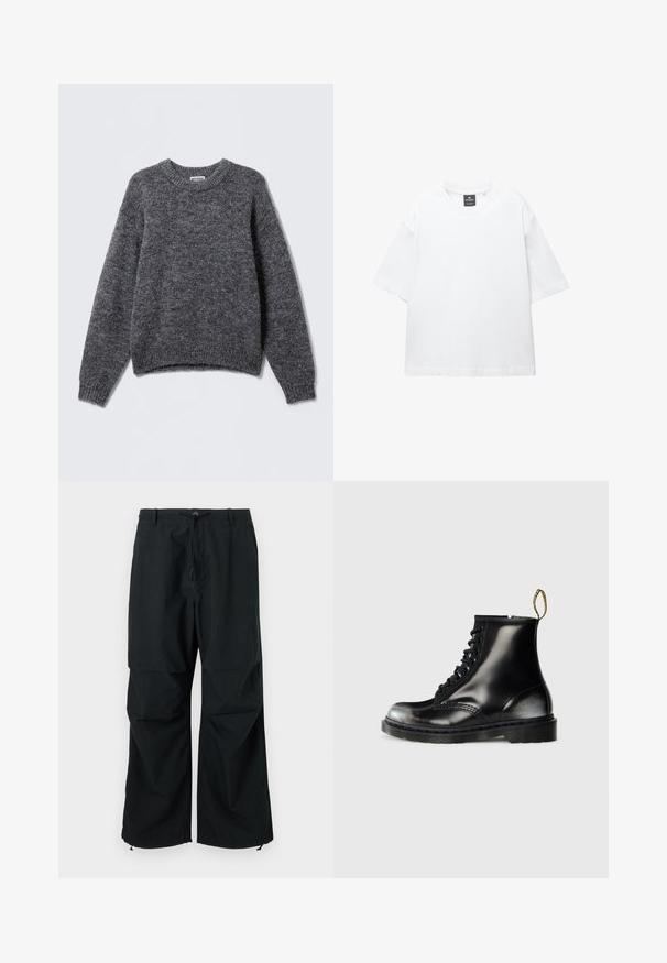 Maglione grigio lavorato a maglia con scollo rotondo, maniche lunghe e polsini e orlo a coste. Texture morbida con un sottile motivo melangiato.; T-shirt bianco a maniche corte in cotone, con scollatura rotonda e vestibilità rilassata con orlo dritto. Nessun motivo o decorazione.; Pantaloni neri a gamba larga con vita regolabile tramite coulisse e orli elastici. Realizzati in tessuto leggero e testurizzato. Design semplice.; Stivali neri in pelle fino alla caviglia con una finitura lucida, otto asole, lacci neri e un manico. Presentano una suola a carrarmato texturizzata.