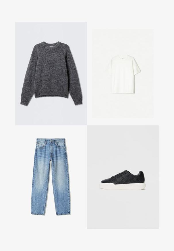 Maglione grigio lavorato a maglia con scollo rotondo, maniche lunghe e polsini e orlo a coste. Texture morbida con un sottile motivo melangiato.; T-shirt bianco a maniche corte, realizzato in cotone morbido. Design a girocollo con una vestibilità comoda e senza loghi o motivi visibili.; Jeans in denim azzurro chiaro con vestibilità ampia, design a gamba dritta, cinque tasche e texture sbiadita. Comprendono una chiusura anteriore con bottone e zip.; Sneaker nera con texture geometrica sul lato, punta liscia e suola in gomma bianca. Presenta lacci rotondi e un design a bassa profilatura.