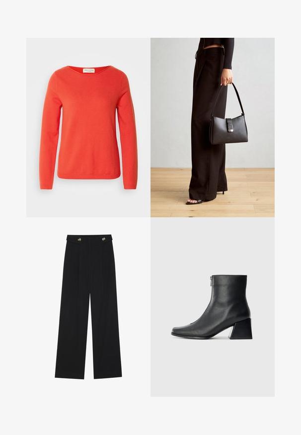 Czerwony sweter z długim rękawem, wykonany z miękkiego materiału, z szerokim dekoltem i ściągaczami na rękawach, o gładkiej fakturze i bez widocznych wzorów.; Czarne szerokie spodnie z wysokim stanem, z detalami w postaci guzików na pasku oraz plisami z przodu.; Czarne skórzane botki za kostkę z kwadratowym noskiem, bocznym zamkiem błyskawicznym i słupkowym obcasem na jasnym tle.; Czarna torebka o usztywnionym kształcie, gładkiej fakturze i metalowym zapięciem. Połączona z szerokimi czarnymi spodniami i sandałami na otwartym palcu na drewnianej podłodze.