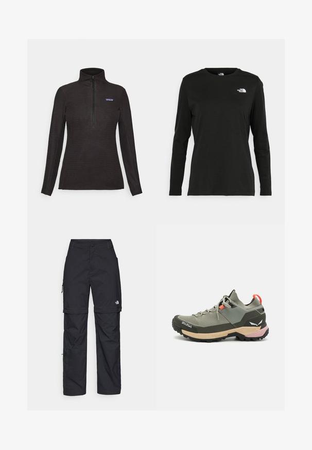 Crni pulover od teksturiranog flisa s dugim rukavima, prednjim zatvaračem na četvrtinu i malim logotipom na lijevoj strani prsa.; Crni dugih rukava majica od pamuka s okruglim izrezom. Ima mali bijeli logo na lijevoj strani prsnog područja. Jednostavan dizajn i kroj.; Crne najlon hlače s munjevim zatvaranjem, odvojive cargo hlače s podesivim manžetama, brojnim džepovima i logom na desnoj nozi. Glatka, lagana tekstura.; Lagani zeleni planinarski cipela od mrežastih i gumiranih materijala, crni potplat za prianjanje, ružičasti i narančasti detalji, te ojačani kapica za nožne prste.