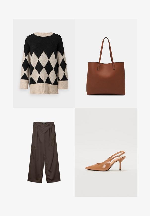 Svart og kremfarget genser med diamantmønster, rund hals, vide ermer og strukturert strikkefinish.; Vide bukser i mørkebrunt stof med en glat overflade. Funktioner omfatter plisseringer foran og en standard talje.; Spiss tå slingback hæl i et glat, glinsende brunt materiale. Har et buet utskårent design og en slank stilett hæl. Sølvspenne detalj.; Brun lær tote veske med en jevn tekstur, åpen toppdesign og to skulderstropper. Har minimal søm og ingen synlige spiker.