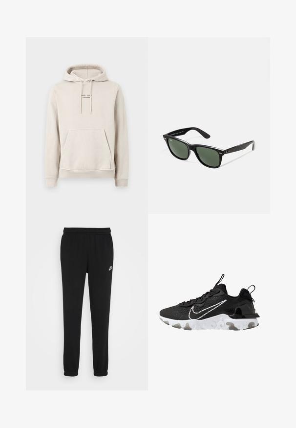 Beige hoodie made of soft fabric, featuring a kangaroo pocket, drawstring hood, and small black text logo on the chest.; Black sweatpants with an elastic waistband, cuffed ankles, and a small white Nike logo on the left side. Made from soft textured fabric.; Black athletic shoe with a textured fabric upper, white Nike swoosh, and thick white sole. Features a pull tab on the heel for easy wear.; Black plastic sunglasses with green lenses, square frames, silver accent on the brow, and textured temple arms. Stated brand on inner arm.