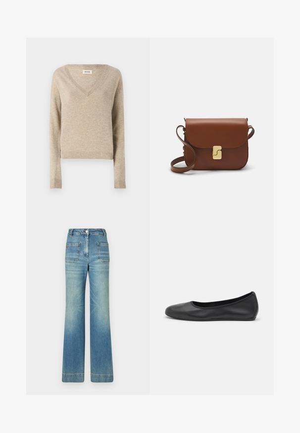 Jasno beżowy sweter dzianinowy z dekoltem w kształcie litery V, długimi rękawami i prążkowanym wykończeniem. Miękka struktura, krótki fason i subtelne różnice w kolorze.; Biała koszulka krótki rękaw wykonana z materiału prążkowanego. Okrągły dekolt, regularny krój i subtelne detale szwów. Bez wzorów ani grafik.; Jasnoniebieskie dżinsy w kształcie dzwonów z pięcioma kieszeniami, szlufkami na pasek, zapięciem na guzik i lekko wyblakłą teksturą, z czerwonym logotypem na tyle.; Czarne skórzane baletki z zaokrąglonym noskiem, gładką fakturą, minimalnymi przeszyciami i elastycznym designem podeszwy.; Brązowa skórzana torebka na ramię z klapką, złotymi detalami, paskiem na ramię i gładką teksturą. Kompaktowy prostokątny kształt.