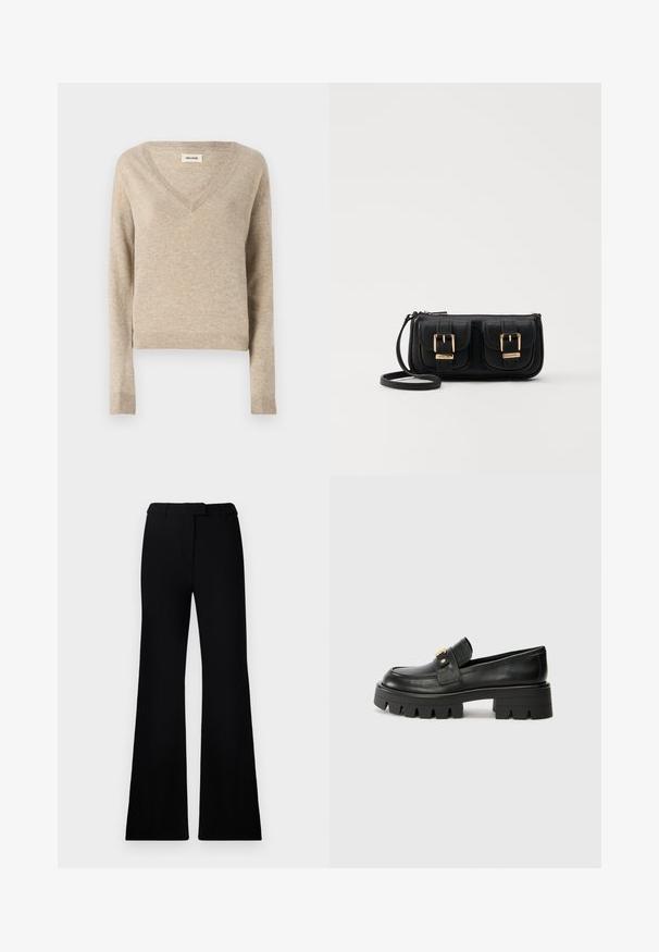 Light beige knitted sweater with a V-neck, long sleeves, and ribbed hem. Soft texture, cropped design, and subtle color variations.; Black flared pants featuring a smooth texture, tailored waistband, and front pockets, designed with a sleek, modern silhouette.; Black leather loafers with a chunky sole, featuring a gold-tone accent on the front and a smooth finish. Chunky tread design on the sole.; Black leather crossbody bag with two front pockets, gold buckles, zipper closure, and a slim strap. Textured surface and compact rectangular shape.