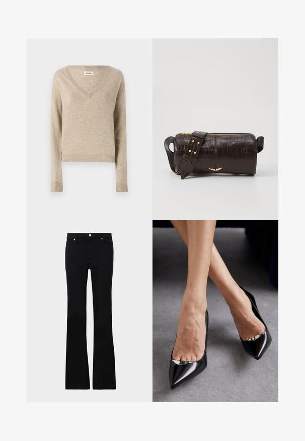 Vaaleanbeige neulepaita, jossa on V-pääntie, pitkät hihat ja joustava helma. Pehmeä rakenne, lyhyt malli ja hienovaraiset värierot.; Mustat levenevät farkut, valmistettu denimi- materiaalista, varustettu kahdella etutaskulla, napin sulkimella ja sileällä pinnalla. Alussa näkyviä erityisompeleita.; Musta nahkasaapas, jossa on korkea korko, terävä kärki ja avoin muotoilu, jossa on koristeellinen hopeinen yksityiskohta. Sujuva pinta kiilloitetulla viimeistelyllä.; Ruskea krokotiilinkuosilla varustettu nahkalaukku, jossa on sylinterimäinen muoto, kultasävyiset yksityiskohdat ja irrotettava hihna, jossa on niittejä.