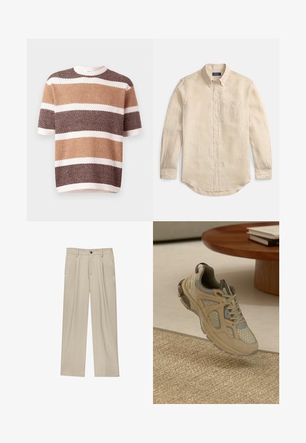Kurze Strickpullover mit horizontalen Streifen in Brauntönen und Creme. Hat einen runden Ausschnitt und eine strukturierte Stoffoberfläche.; Beige, langärmeliges Hemd mit Knöpfen, weißen vertikalen Streifen, Knopfleiste am Kragen, Brusttasche und "Polo Ralph Lauren"-Etikett im Kragen.; Beige Hosen mit geradem Schnitt, ausgestattet mit einem einzelnen schwarzen Knopf, Gürtelschlaufen und Seitentaschen. Glatte Stofftextur und minimalistisches Design.; Beige und graue Sport-Sneaker mit Mesh- und Wildlederelementen, die über einem gewebten Teppich schwebt, neben einem Holztisch mit Büchern.