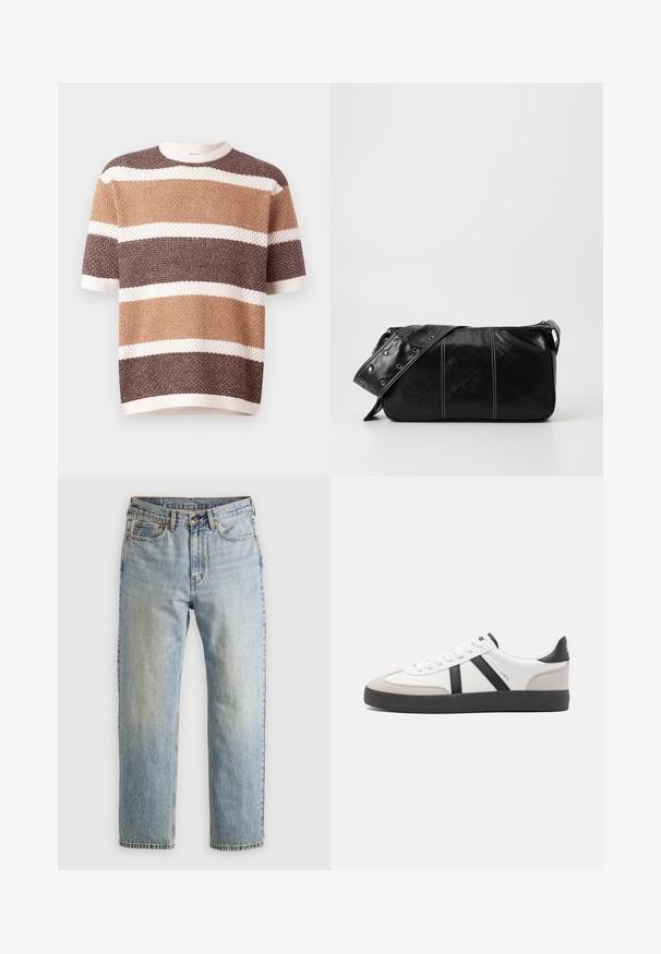 Trumpas rankovės megztinis su horizontaliomis juostelėmis rudos ir grietinėlės atspalvių. Turėdamas apvalų iškirpimą ir tekstūruotą audinį.; Šviesiai mėlynos džinsinės kelnės su aukštu liemeniu, priekyje mygtukas, užtrauktukas ir penkių kišenių dizainas, išklotos ant neutralios fono.; Balti sportbačiai su juodais ir pilkais akcentais, pasižymintys tekstūruotu pilku pirštų dangteliu, juoda gumine padais ir plokščiomis baltomis raišteliais. Švarus dizainas, minimalistinis stilius.; Juodas odinis pečių krepšys su užtrauktuku, turintis tekstūruotą paviršių, baltą siuvinėjimą ir dirželį su sidabinėmis metalinėmis detalėmis.