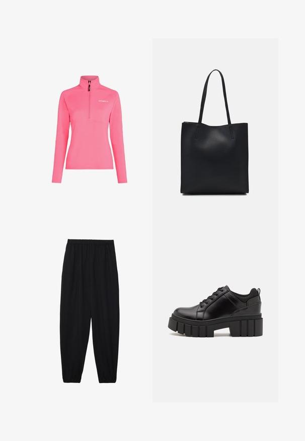 Pika roosa, pika varrukaga pullover, millel on pooltõmblukk kaeluses, valmistatud siledast, kergest kangast, ning sellel on rinnal valge O'Neill'i logo.; Mustad, kerge kangas püksid elastse vöökoha ja kokku volditud pahkluudega. Kanga pind on sile ja disain on lõdvestunud, kitsenev.; Must musta platvormsussid paksu plokkninal, ümmarguse varbaga ja traditsioonilise nööridega kinnitamisega. Sussid on sileda tekstuuriga ja minimaalsete detailidega.; Mustast nahast kott sujuva tekstuuriga, ristkülikukujuline ja kahe pika sangaga. Pole nähtavat riistvara ega kaunistusi.