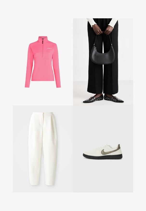 Långärmad tröja i klarröd med halvdragkedja vid kragen, tillverkad av mjukt, lättviktigt tyg, med en vit O'Neill-logotyp på bröstet.; Höga, avsmalnande vita byxor med dolda framknäppningar och sidofickor, uppvisade mot en enfärgad vit bakgrund.; Nike Sportswear FIELD GENERAL - Sneakers - off-white/black; Svart läderaxelväska med rundad form, glänsande yta och silverdetaljer. Person bär svarta vida byxor och nitprydda loafers.