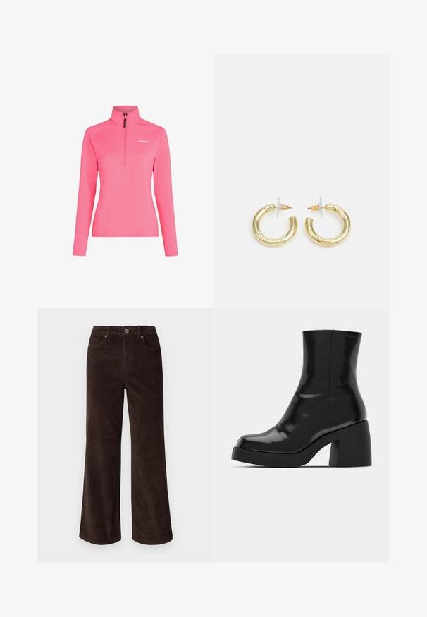 Długi rękaw sweter w jaskrawym różu z półzamkiem pod szyją, wykonany z gładkiej, lekkiej tkaniny, z białym logo O'Neill na piersi.; Vero Moda Petite VMTESSA ciemnobrązowy; Czarne botki za kostkę o błyszczącej wykończeniu, kwadratowym czubku i grubym słupkowym obcasie. Projekt charakteryzuje się bezszwową sylwetką i minimalną marką.; Złote kolczyki w kształcie kółek o gładkim, błyszczącym wykończeniu. Okrągły design z małym klipsem i przezroczystym zapięciem zapewniającym bezpieczne noszenie.