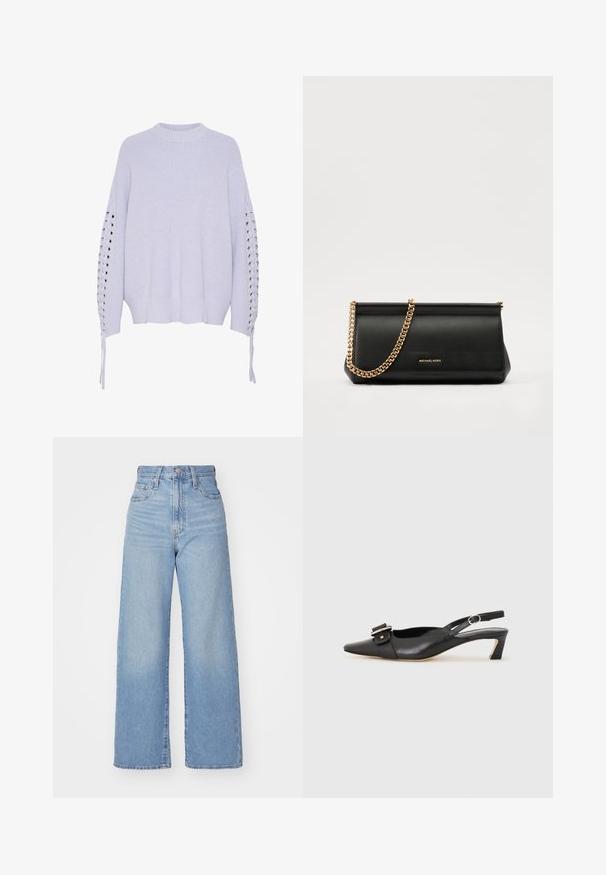 Heled halli kootud sviiter ümmarguse kaelusega, langenud õlgadega ja paeladega detailidega varrukatel. Ribiga äär ja tekstureeritud kangas.; Heledad sinine kõrge vöökohaga laiad teksad, ees nupp ja tõmblukk, ees ja taga taskud, valge tausta peal.; Must must nahk slingback kingad terava varbaga, väikese kontsaga ja dekoratiivse pandlaga ülaosas. Sile tekstuur, minimalistlik disain.; Mustast nahast klamberkott kuldse kettrihmaga, millel on sile tekstuur, ristkülikuline kuju ja esiküljel reljeefne brändingu märk.
