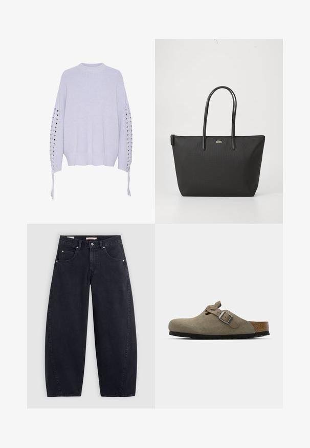 Svetar iz svetlo sive pređe s okruglim izrezom, spuštenim ramenima i vezivnim detaljima duž rukava. Riblji rez na donjem delu i teksturirana tkanina.; Črne jeans hlače širokih nogavic z visokim pasom, dvema sprednjima žepoma in srebrnim dodatkom. Gladka tekstura, minimalni detajli šivov in ravna kroj.; Semišni klobuki v svetlo olivno zeleni barvi z oblikovanim plutovim in gumijastim podplatom. Vključuje stransko zanko z kovinsko zaponko in zaobljenim nosom.; Črna torba z dolgimi ročaji, z zadrgo na vrhu in majhnim zelenim krokodilom, ki je osrednji pod ročaji.