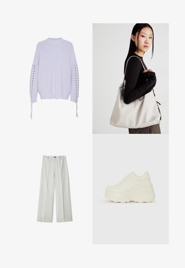 Világosszürke kötött pulóver kerek nyakkal, leeső vállakkal és fűzött részletekkel az ujjakon. Bordás alj és textúrált anyag.; Világosszürke, bő szabású nadrág textúrált anyagból, gombos záródással és két pliszszel elöl az extra részletesség érdekében.; Fehér platform sportcipők, sima bőrszerű felsőrésszel, kerek formával, párnázott bokával és texturált gumitalppal, jól definiált mintázattal.; Puha anyagból készült bézs kézitáska, laza dizájnnal, varrott részletekkel és két vállpánttal. Mindennapi használatra alkalmas.