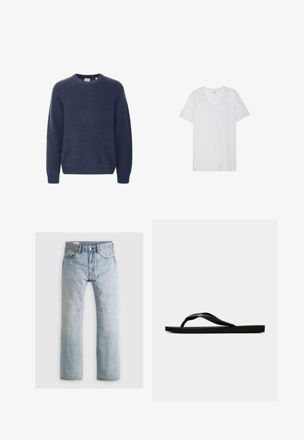 Marinblauer Strickpullover mit rundem Halsausschnitt, langen Ärmeln und geripptem Muster. Hergestellt aus weichem, gemütlichem Material.; Weißes T-Shirt mit kurzen Ärmeln und V-Ausschnitt, glatter Textur, leichtem Stoff und dezentem Logo in der Nähe des Kragens.; Hellblaue Jeans aus Denim mit geradem Bein, fünf Taschen und Kontrastnähten. Verfügt über einen Reißverschluss und einen Metallknopfverschluss.; Schwarze Gummi-Flip-Flop-Sandale mit einem strukturierten Riemen und einfacher flacher Sohle, von der Seite auf einem schlichten hellen Hintergrund dargestellt.