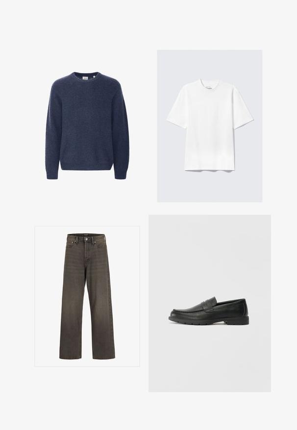 Navy blue knitted sweater with a round neckline, long sleeves, and ribbed texture. Made from soft, cozy fabric.; Plain white short-sleeve relaxed-fit T-shirt laid flat on light gray background.; Wide-leg jeans in dark grey denim, featuring a high waist, classic five-pocket design, and contrasting stitching along the seams.; Black leather loafers with a smooth finish, moccasin-style upper, stitched detailing, and a rubber sole. Classic design with a low heel.