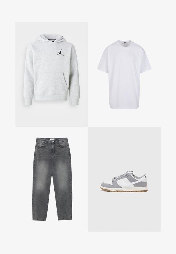 Felpa con cappuccio grigio chiaro realizzata in tessuto morbido, dotata di una tasca a marsupio frontale e di un logo Jordan nero sul petto. Vestibilità regolare con cappuccio.; Maglietta bianca in cotone con maniche corte, scollatura rotonda, vestibilità comoda e senza loghi o motivi visibili. Texture liscia e design minimale.; Jeans a vita alta, dal taglio ampio in denim nero sbiadito. Presentano cinque tasche, passanti per cintura e un design dritto e pulito.; Sneaker grigia e bianca con tomaia in suede e pelle, punta arrotondata, lacci piatti e soletta in gomma con un accento color caramello.