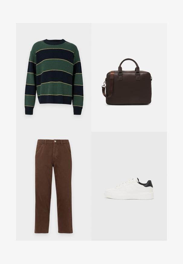 Pulôver de malha com listras horizontais verdes e azul-marinho, apresentando linhas amarelas finas. Gola redonda, corte solto, e punhos e bainha canelados.; Calças de algodão castanhas com perna reta, bolsos frontais e fecho de botão metálico. Apresentam uma textura suave e um design minimalista.; Sapatilhas brancas de couro com padrão em relevo, entressola texturizada branca e detalhe em preto no calcanhar. Apresentam ponta arredondada e atacadores planos.; Mala de laptop em pele castanha com uma superfície texturizada, duas alças superiores, alça ajustável e duas fivelas frontais para um detalhe adicional.