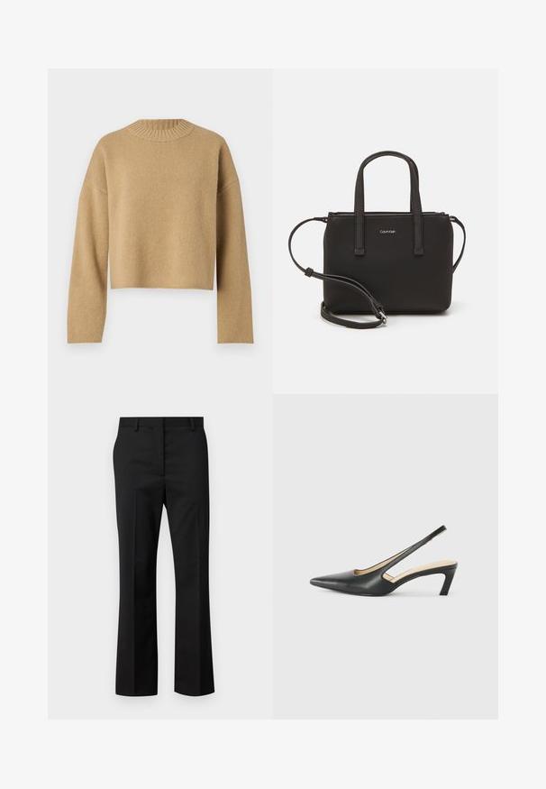 Beige, cropped sweater with a textured knit, round ribbed neckline, and long sleeves. Simple design without additional patterns or hardware.; Black tailored trousers with a straight leg design. Made of a smooth fabric, featuring a flat front and standard waistband with belt loops.; Black pointy-toed slingback shoe with a low heel, featuring smooth leather material and cut-out design on the side for breathability.; Black handbag with dual short handles and a removable shoulder strap. Smooth leather-like material with a zip closure and logo detail.