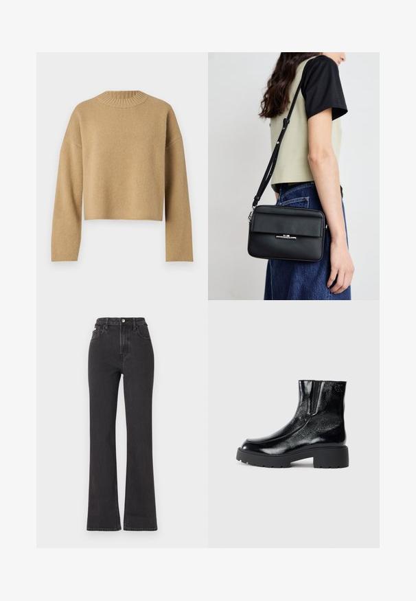 Beige, verkürzter Pullover mit strukturiertem Strick, rundem Rippkragen und langen Ärmeln. Schlichtes Design ohne zusätzliche Muster oder Metallteile.; Schwarze, hochgeschnittene Schlagjeans aus Denim mit Knopfverschluss, Gürtelschlaufen und seitlichen Taschen. Glatte Textur mit minimaler Ausbleichung.; Schwarze Knöchelstiefel mit glänzender Lackleder-Oberfläche, einer kräftigen gummierten schwarzen Sohle und Absatz; mit dezentem Logodetail an der Seite.; Calvin Klein LINEAR CAMERA BAG - Umhängetasche - black