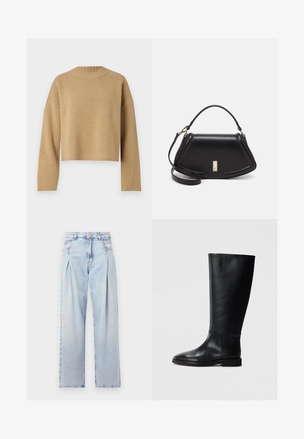 Béžový skrátený sveter s textúrovaným pletením, okrúhlym ribovaným výstrihom a dlhými rukávmi. Jednoduchý dizajn bez ďalších vzorov alebo doplnkov.; Svetlomodré džínsy s vysokým pásom, širším strihom po celej dĺžke, dvoma bočnými vreckami a skladaným dizajnom. Mäkka textúra s vyblednutým vzhľadom.; Čierna kožená čižma po kolená s okrúhlym prstom, hladkou textúrou, minimalistickým dizajnom a plochou podrážkou. Jednoduché švy na nohavici.; Čierna kožená kabelka so štruktúrovaným dizajnom, s krátkym tvarom, hornou rúčkou a zlatými prvkami. Súčasťou je nastaviteľný ramenný popruh.