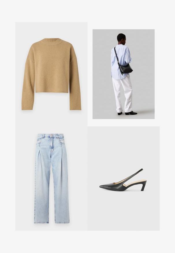 Beige, cropped sweater med struktureret strik, rund ribbet halsudskæring og lange ærmer. Enkel design uden yderligere mønstre eller hardware.; Lyseblå denim jeans med høj talje, bred benåbning, to sidelommer og plisseret design. Blød tekstur med et falmet finish.; Sorte spidse slingback-sko med en lav hæl, lavet af glat læder og med udskæringer på siden for åndbarhed.; Sort læder skuldertaske med en blød tekstur, trekantet form og justerbar strop, kombineret med en lyseblå stribet skjorte og hvide bukser.