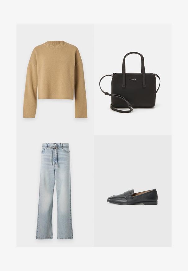 Bež, skrajšan pulover z teksturirano pletenino, okroglo ribano ovratnikom in dolgimi rokavi. Preprost dizajn brez dodatnih vzorcev ali kovinskih dodatkov.; Svetlo modre široke kavbojke iz denima, ki imajo visok pas, sprednje žepe in detajl z vrvico pri pasu. Imajo obrabljen videz.; Črne usnjene loferice z gladko teksturo, rahlim sijajem, okroglo konico in majhnim okrasnim šivom spredaj.; Črna torbica z dvema kratkima ročajema in odstranljivim naramnim trakom. Gladek usnju podoben material z zadrgo in podrobnostmi z logotipom.