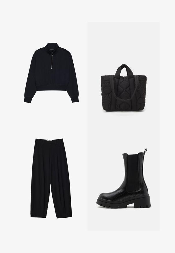 Czarny krótki pulower z miękkiego materiału, z wysokim kołnierzem, przednim zamkiem błyskawicznym z srebrnym uchwytem oraz ściągaczami przy mankietach i dole.; Czarne szerokie spodnie wykonane z lekkiego materiału, z plisami z przodu, klasycznym paskiem w talii i kieszeniami bocznymi. Gładka tekstura.; Czarne botki za kostkę z fakturowanym wykończeniem imitującym krokodylą skórę, elastycznymi bocznymi panelami oraz masywną czarną podeszwą dla lepszej przyczepności i stabilności.; Czarna pikowana torba tote z dwiema wytrzymałymi uchwytami, wykonana z teksturowanej tkaniny w diamentowy wzór, zapewniająca trwałość i styl.